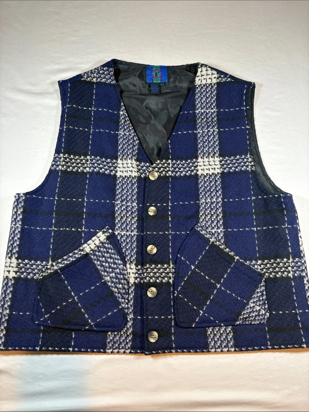 Vintage Men’s In Private Blue Plaid Wool Blend Button Up Outerwear Vest L